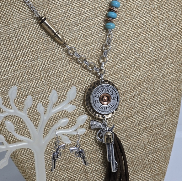 Earrings & Necklace SET 2nd Ammendment Revolver Shotgun Shell Statement tassel - Picture 1 of 4